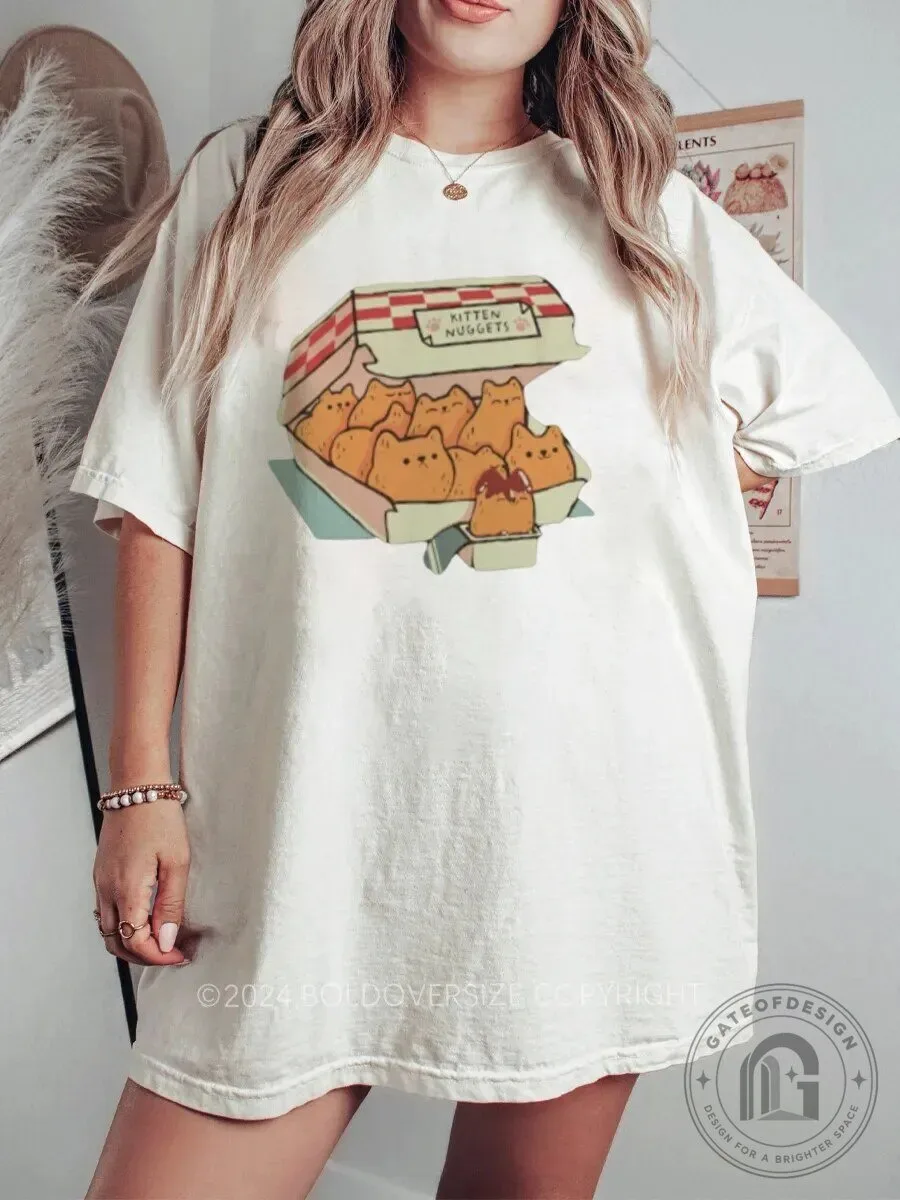 Kitten Nuggets Fast Food Box Funny Cat Lover Graphic Oversized T-Shirt