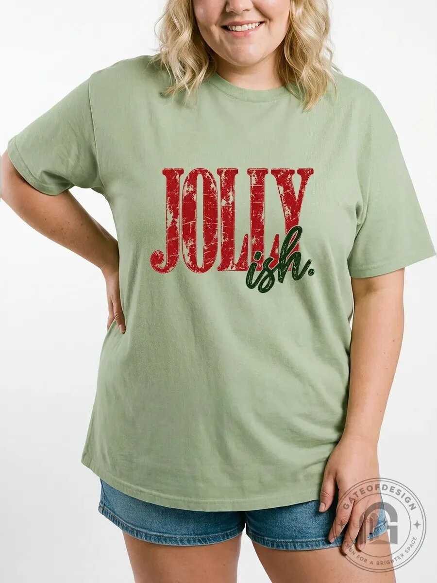 Jolly-ish Christmas Holiday Funny Sarcastic Quote Distressed Graphic T-Shirt