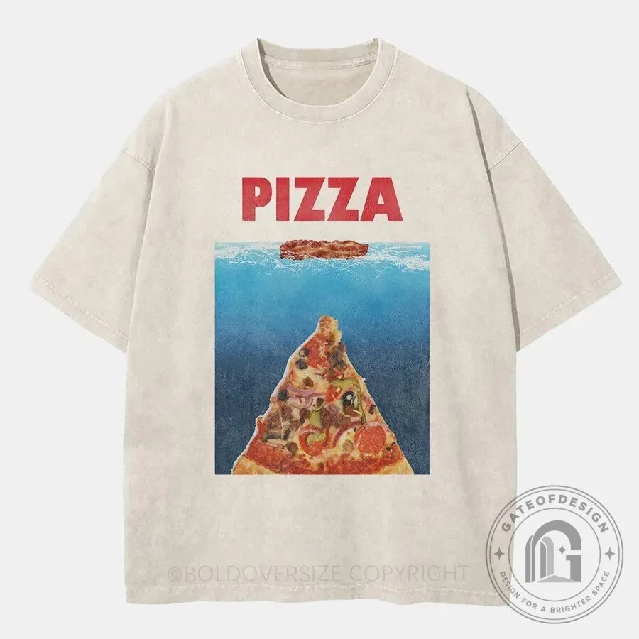 Vintage Pizza Washed T-Shirt with Pizza Slice Underwater Design