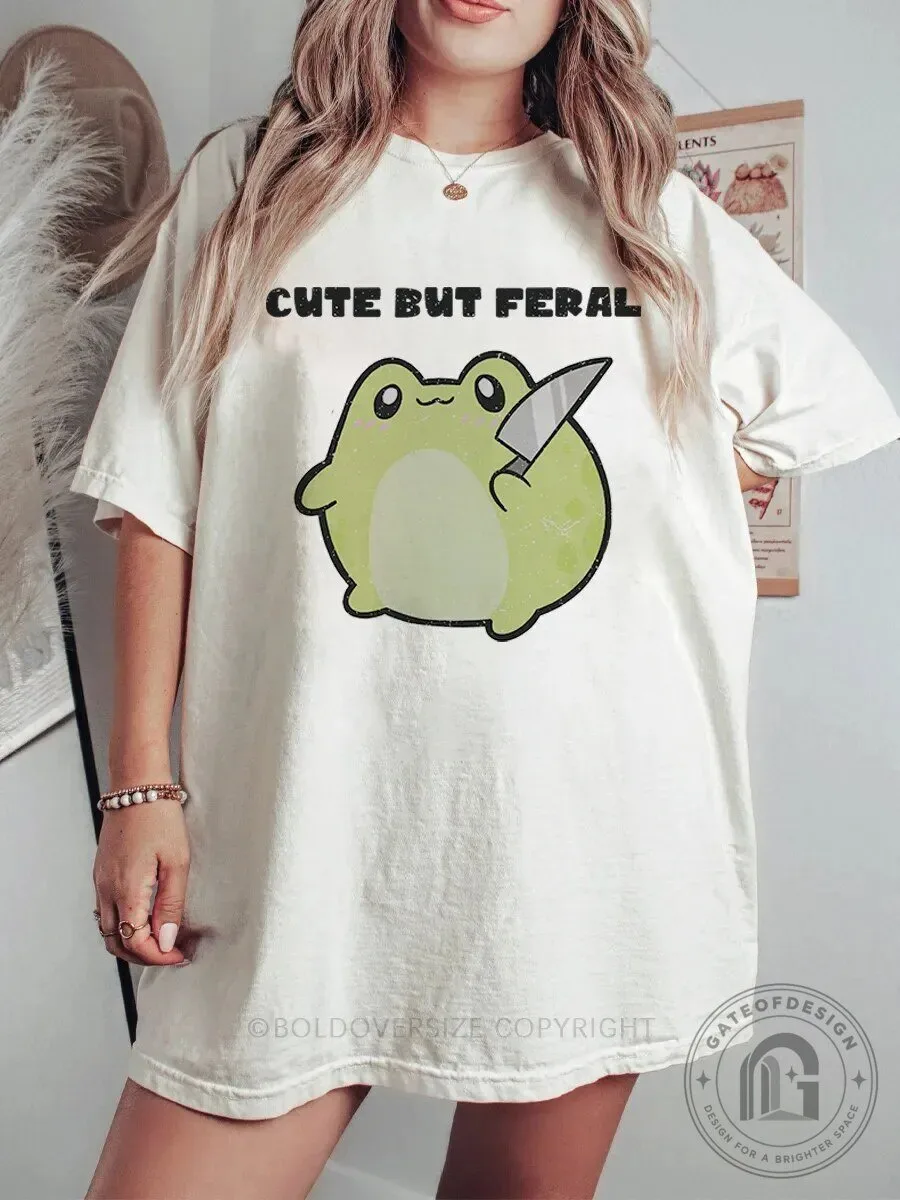 Cute But Feral Frog With Knife Graphic T-Shirt